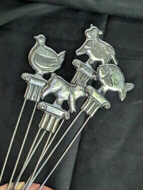 Vintage Farm Animal Cast Metal Stainless Steel Barbecue Double Skewer Set of 4